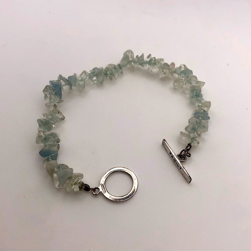 Vtg Sterling & Aquamarine Stone Beaded Bracelet w ‘ Family ‘ Toggle Clasp 7”